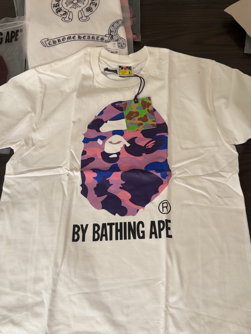 White T-Shirt with Pink & Blue Camo Ape Logo